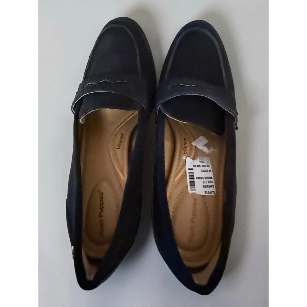 Hush Puppies Women's Lolly Black Loafer Heels Suede Leather Size 7.5 NWOB
